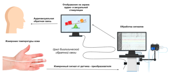 БОС по показателям температуры тела: высокочувствительный датчик на кончик пальца улавливает снижение температуры кожи